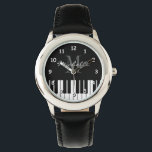 Grand piano keys kids watch with custom monogram<br><div class="desc">Custom name monogram black and white grand piano keys kids watch. Cute Birthday or Holiday gift idea for boy or girl. Unique personalised presents for piano player, pianist, piano teacher, instructor, musician, music lessons, students, children etc. Elegant black and white monogrammed wristwatch design with classical instrument keyboard design. Personalise this...</div>