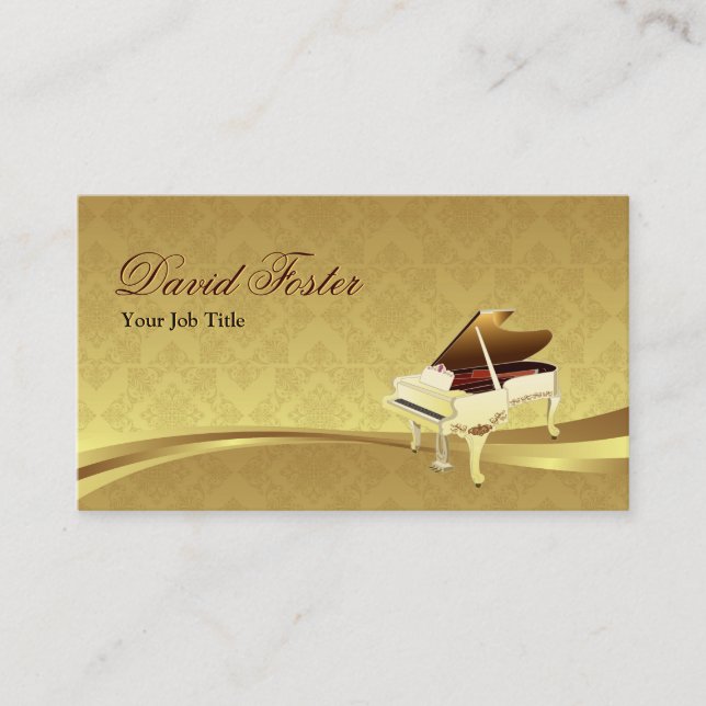 Grand Piano Musical Instrument Elegant Damask Gold Business Card (Front)