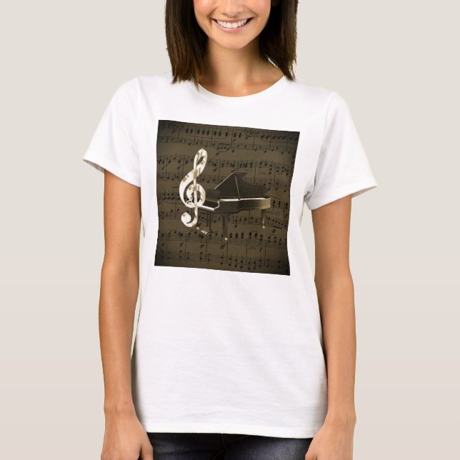 Grand Piano Treble Clef Bronze Sheet Music T-Shirt (Front)