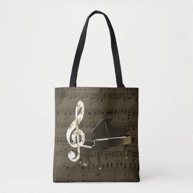 Grand Piano Treble Clef Bronze Sheet Music Tote Bag (Front)