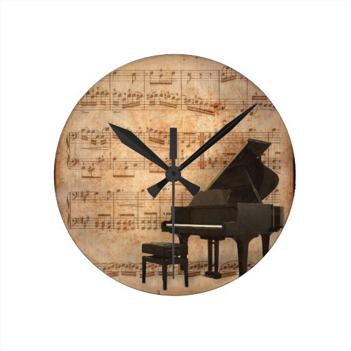 Image of Grand Piano with Music Notes Round Clock
