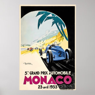 Grand Prix 1933 Motor Racing Monaco France Vintage Poster