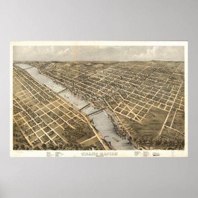 Grand Rapids Michigan 1868 Antique Panoramic Map Poster (Front)