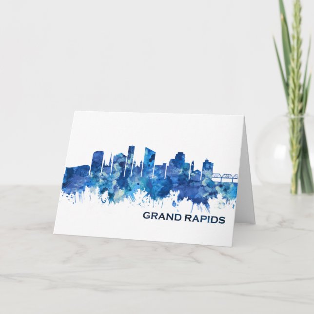 Grand Rapids Michigan Skyline Blue Holiday Card (Front)