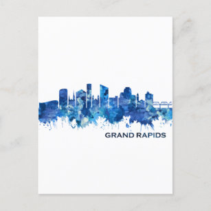 Grand Rapids Michigan Skyline Blue Holiday Postcard