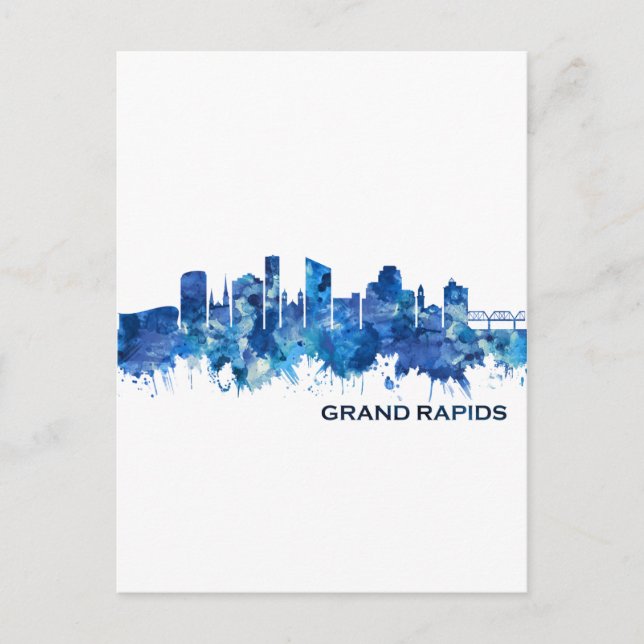 Grand Rapids Michigan Skyline Blue Holiday Postcard (Front)