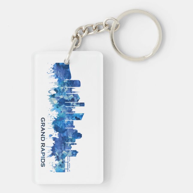 Grand Rapids Michigan Skyline Blue Key Ring (Back)