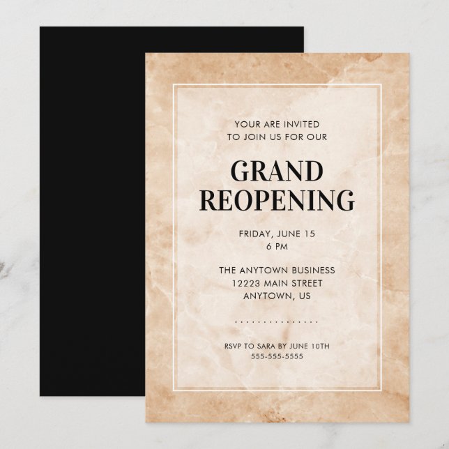 Grand Reopening Event Stylish Marble Background Invitation (Front/Back)