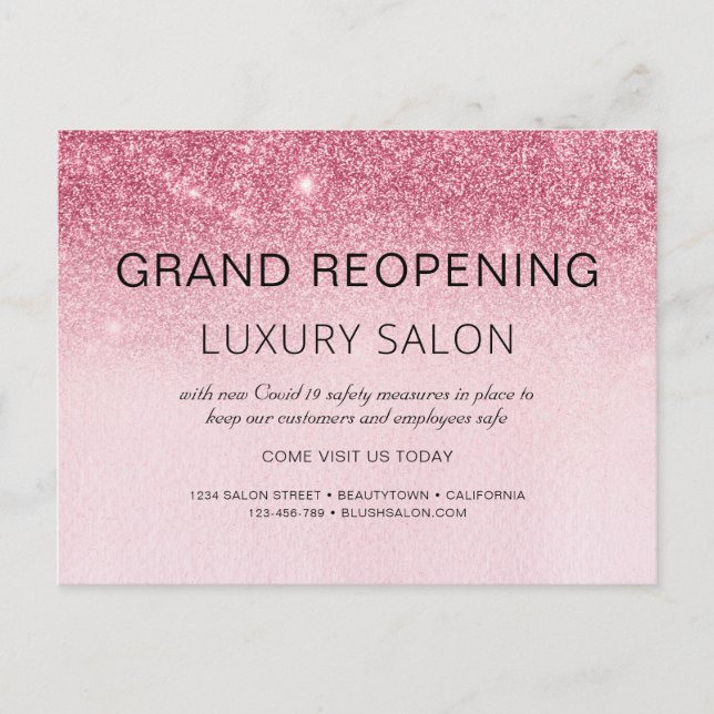 Grand Reopening Glam Glitter Hair Salon Announcement Postcard (Front)