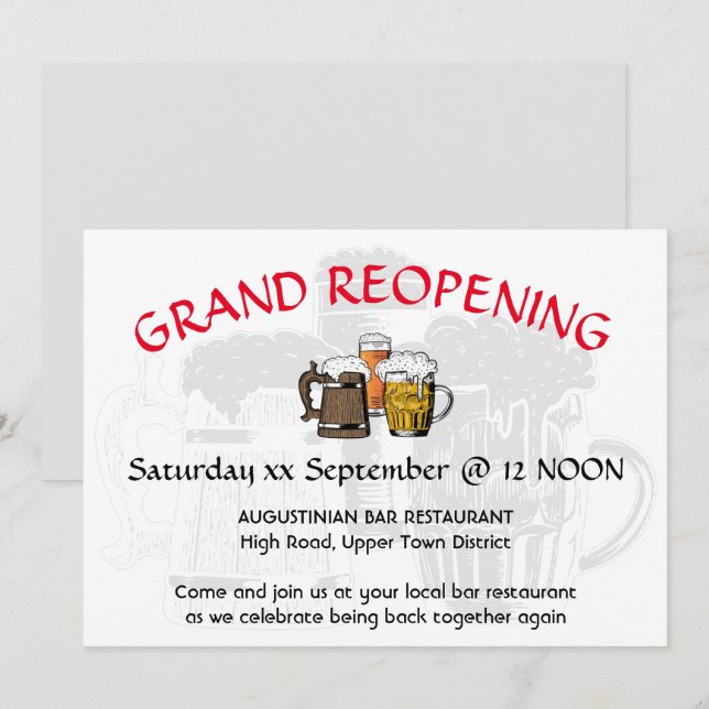 GRAND REOPENING Pub Reunion Customisable GRAY Invitation (Front/Back)