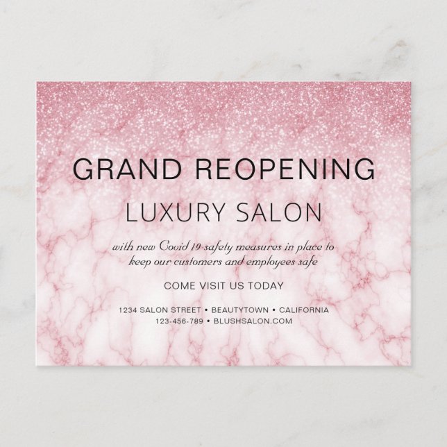 Grand Reopening Rose Gold Glitter Salon Announcement Postcard (Front)