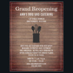 Grand Reopening Rustic Restaurant Crock Wood Flyer<br><div class="desc">Illustration of a utensils crock with spoon,  whisk and spatula over a wood background.  Personalize the text.</div>