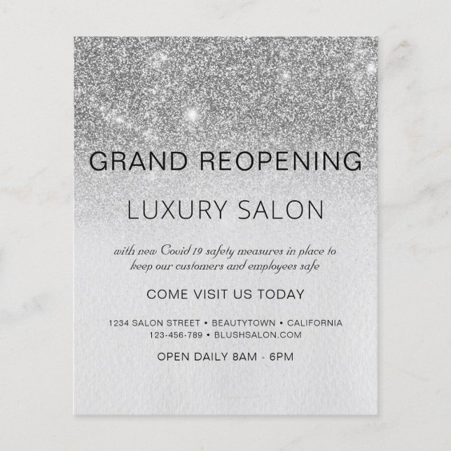 Grand Reopening Silver Modern Glitter Salon Flyer (Front)