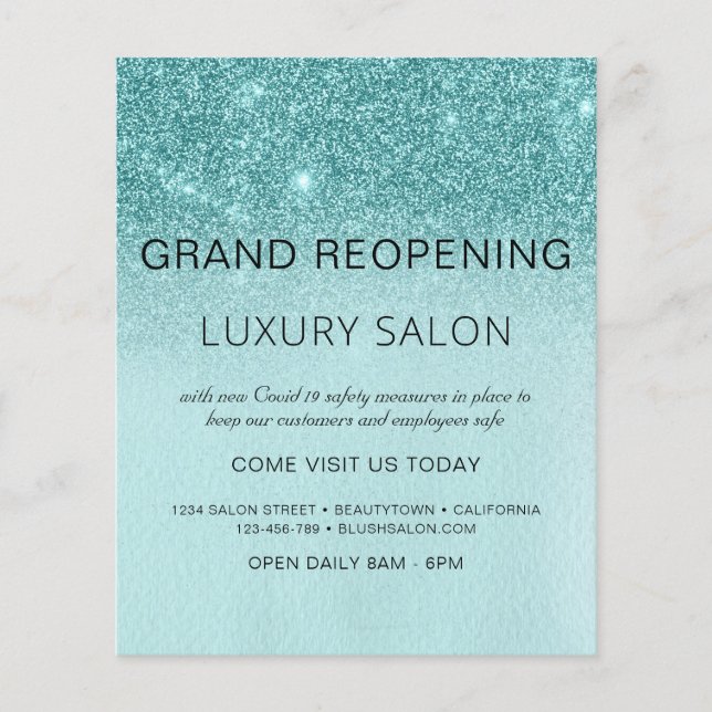 Grand Reopening Teal Blue Aqua Glitter Salon Flyer (Front)