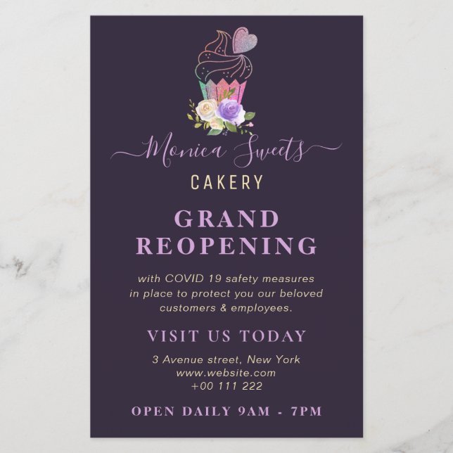 GRAND REOPENING | trendy purple cakery business Flyer (Front)