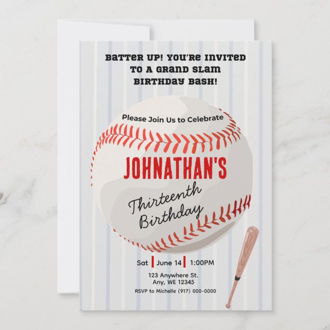 Grand Slam Birthday Party- Baseball Invitation Boy (Front)