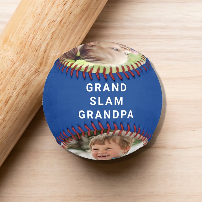 Grand Slam Grandpa Personalised Photos Names Blue Baseball (Grand slam home run for the best grandpa ever - celebrate him with a personalized photo baseball)