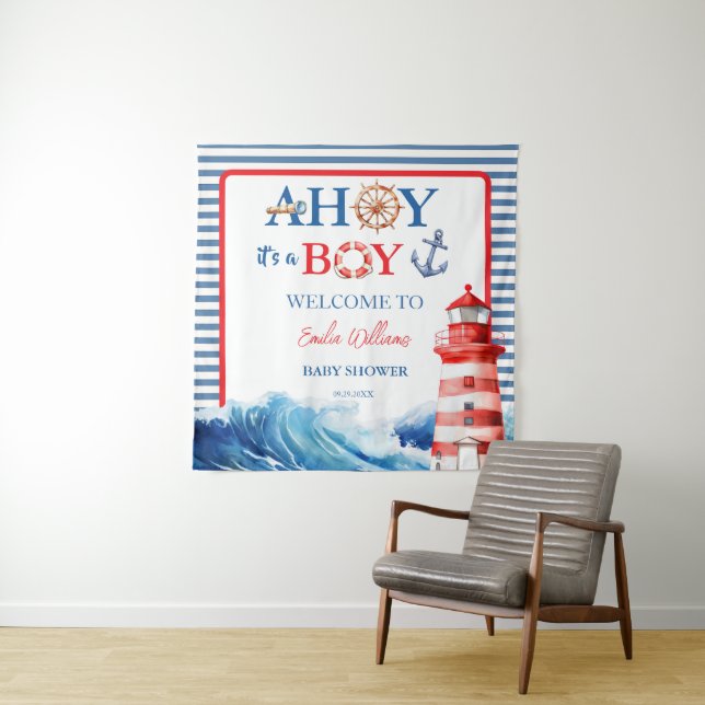 Grand Striped Blue Red Nautical Ahoy Boy  Tapestry (In Situ)