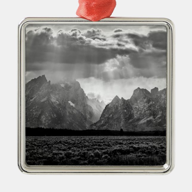 Grand Teton Mountain Range in Black and White Metal Tree Decoration (Front)