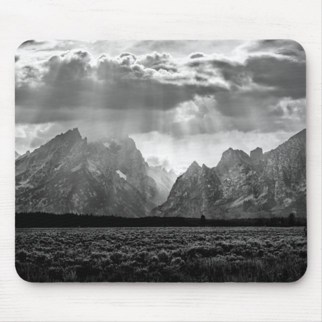 Grand Teton Mountain Range in Black and White Mouse Mat (Front)