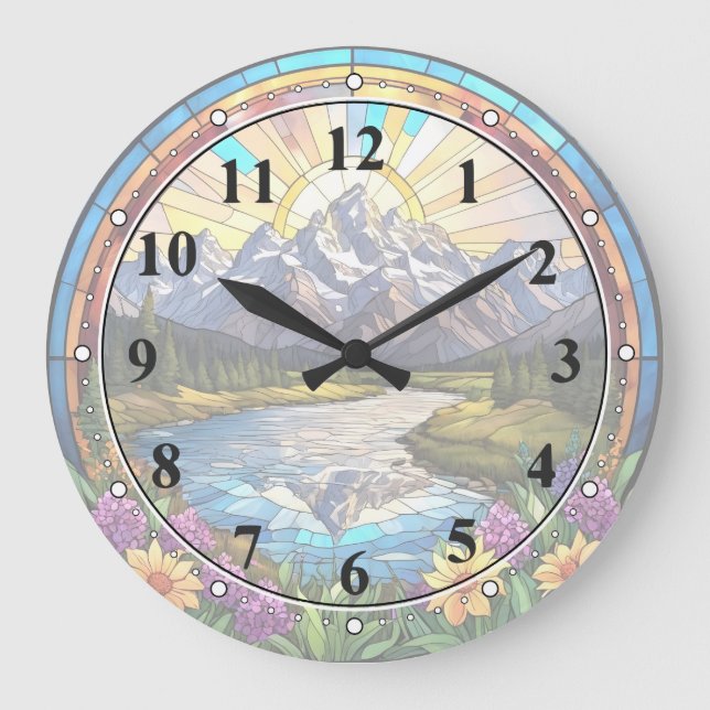 Grand Teton Mountains Faux Stained Glass Mountain Large Clock (Front)