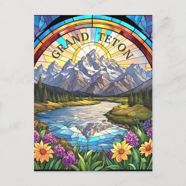 Grand Teton Mountains Faux Stained Glass Mountain Postcard (Front)