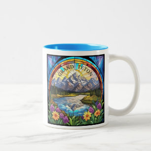 Grand Teton Mountains Faux Stained Glass Mountain Two-Tone Coffee Mug