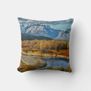 Grand Teton Mountains River View in Autumn Cushion