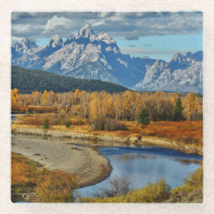 Grand Teton Mountains River View in Autumn Glass Coaster