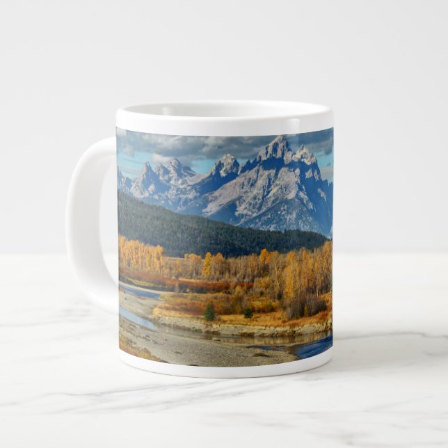 Grand Teton Mountains River View in Autumn Large Coffee Mug (Front Left)