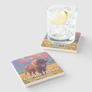 Grand Teton National Park   Bison Travel Art Stone Coaster