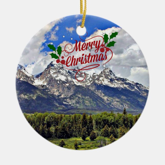 Grand Teton National Park Christmas Greetings Ceramic Tree Decoration (Front)