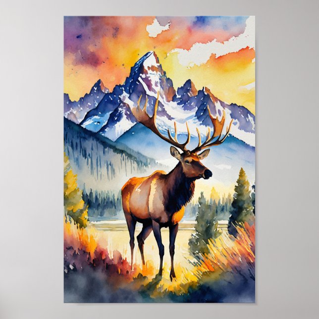 Grand Teton National Park Elk Wyoming Watercolor Poster (Front)