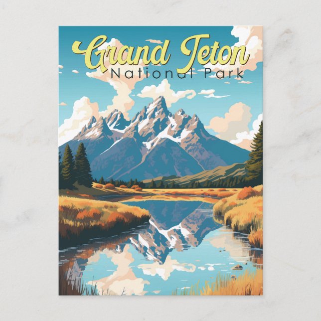 Grand Teton National Park Illustration Retro Postcard (Front)