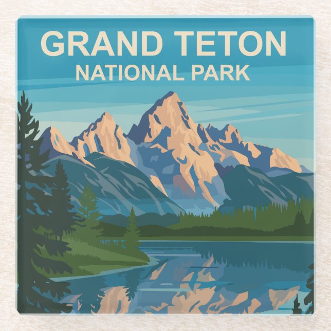 Grand Teton National Park Landscape Travel Art Glass Coaster (Front)