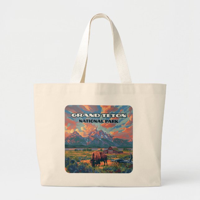 Grand Teton National Park Mountains Bison Wyoming Large Tote Bag (Front)