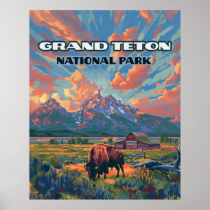 Grand Teton National Park Mountains Bison Wyoming Poster