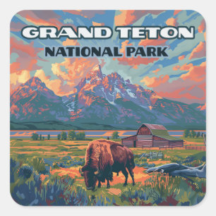 Grand Teton National Park Mountains Bison Wyoming Square Sticker
