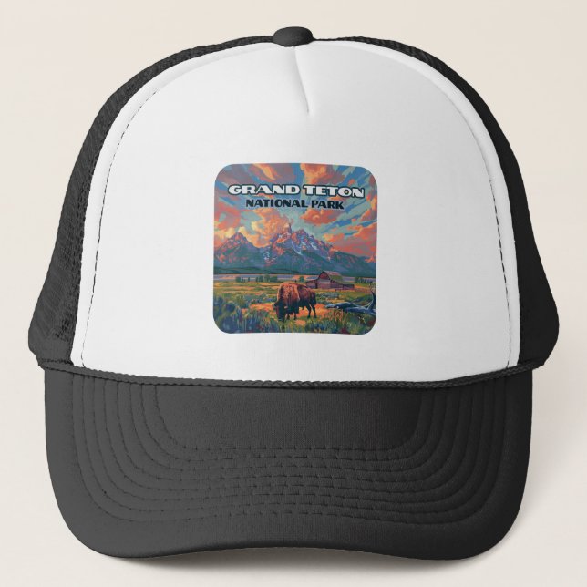 Grand Teton National Park Mountains Bison Wyoming Trucker Hat (Front)