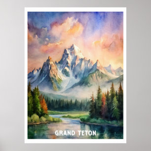 Grand Teton National Park Watercolor Painting Poster