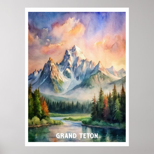 Grand Teton National Park Watercolor Painting Poster (Front)