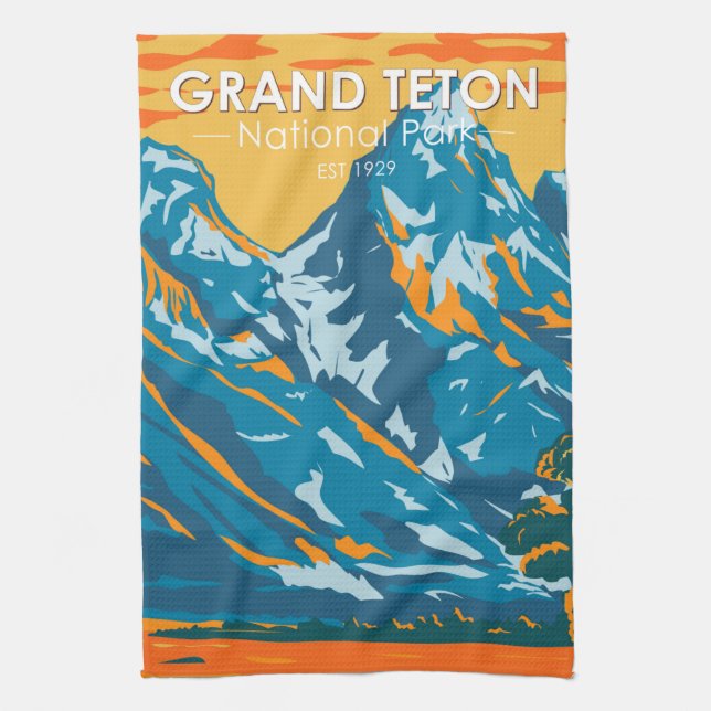 Grand Teton National Park Wyoming Vintage Tea Towel (Vertical)