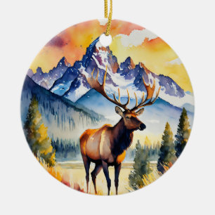 Grand Teton National Park Wyoming Watercolor Ceramic Tree Decoration