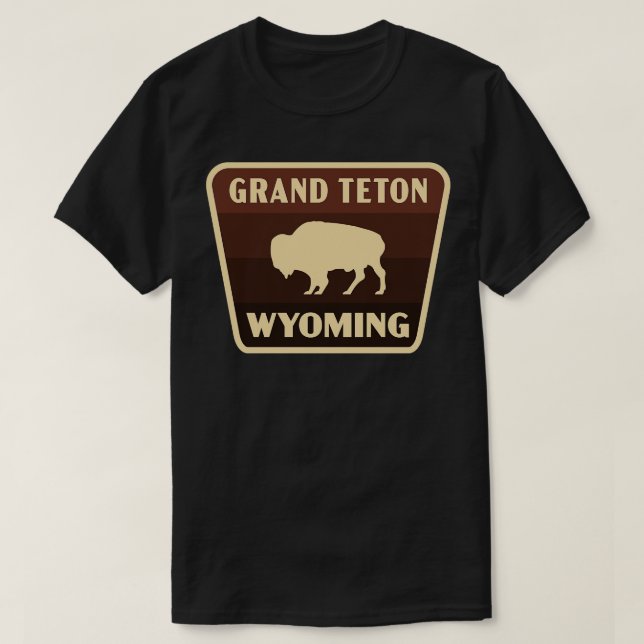 Grand Teton Wyoming Retro Buffalo Badge Brown T-Shirt (Design Front)