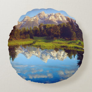 Grand Tetons reflecting in the Snake River Round Cushion