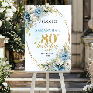 Grand Watercolor dusty blue floral 80th birthday Poster
