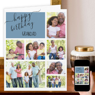 Grandad 7 Photo Collage Blue Personalised Birthday Card
