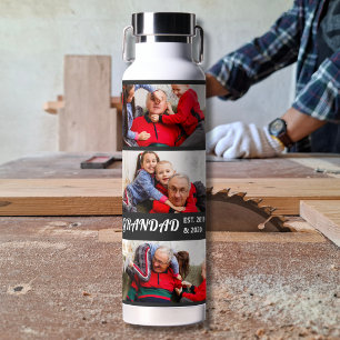 Grandad Established 3 Photo Bold White Typography Water Bottle