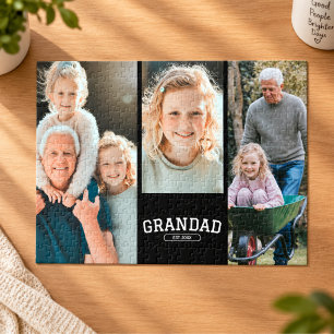  Grandad Established 3 Photo Collage Script Gift  Jigsaw Puzzle
