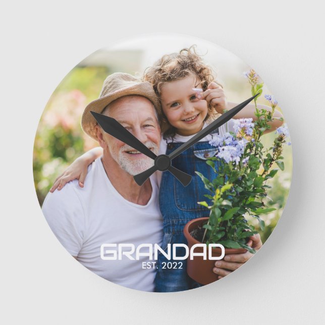 Grandad Established Black White Bold Photo Round Clock (Front)